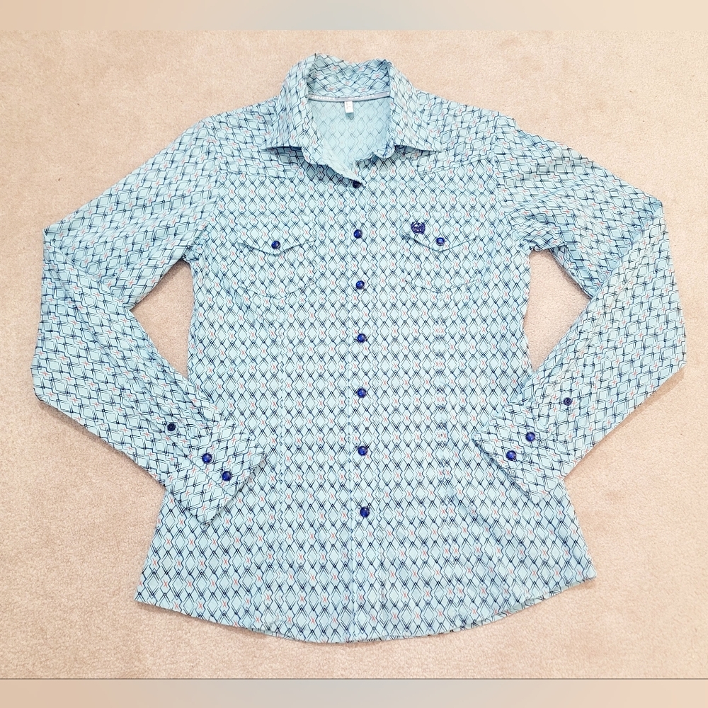 Cinch Western Shirt Women's Size Small Blue Geometric Pearl Snap 100% Cotton - Picture 14 of 14
